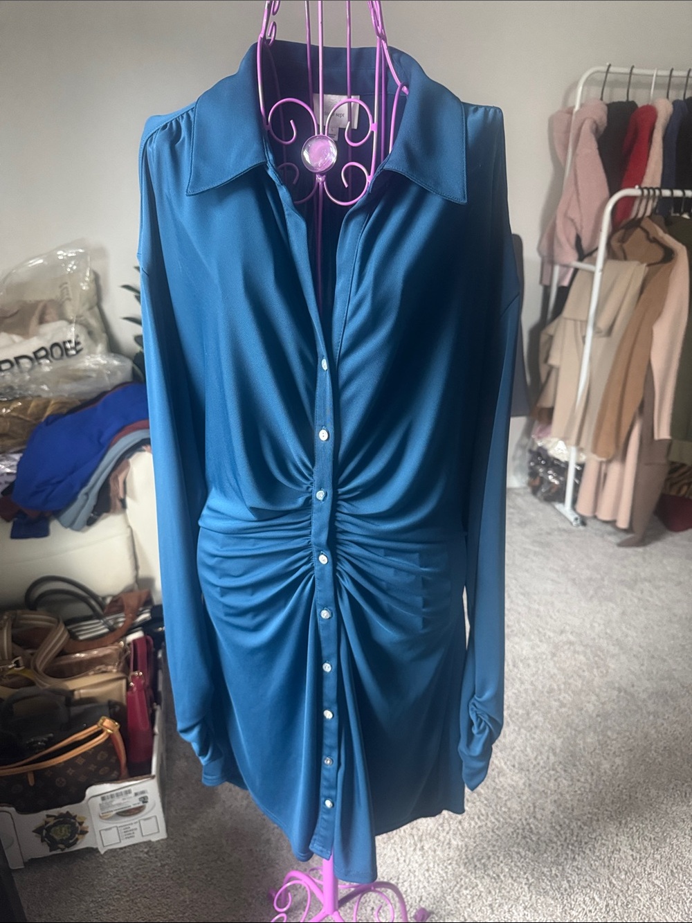 Cinq a sept Ruched Teal Button-Down Women's Shirt Dress